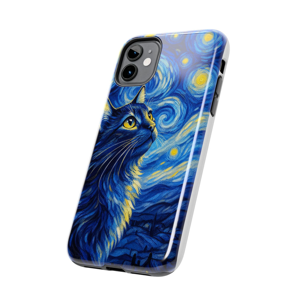 Starry Night Cat Tough Phone Case — Van Gogh Style Galaxy Kitten Protective Cover