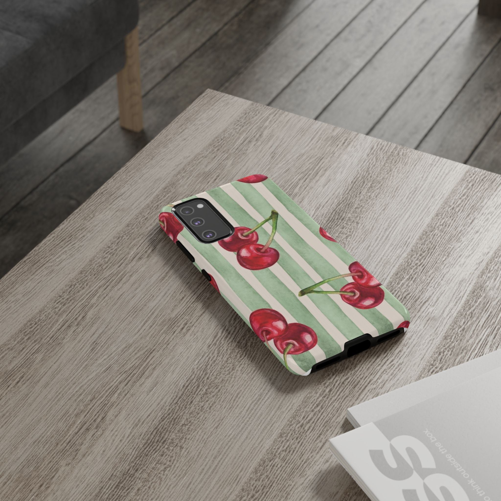 Cherry Stripe Phone Case – Retro Watercolor Cherries on Mint Stripes
