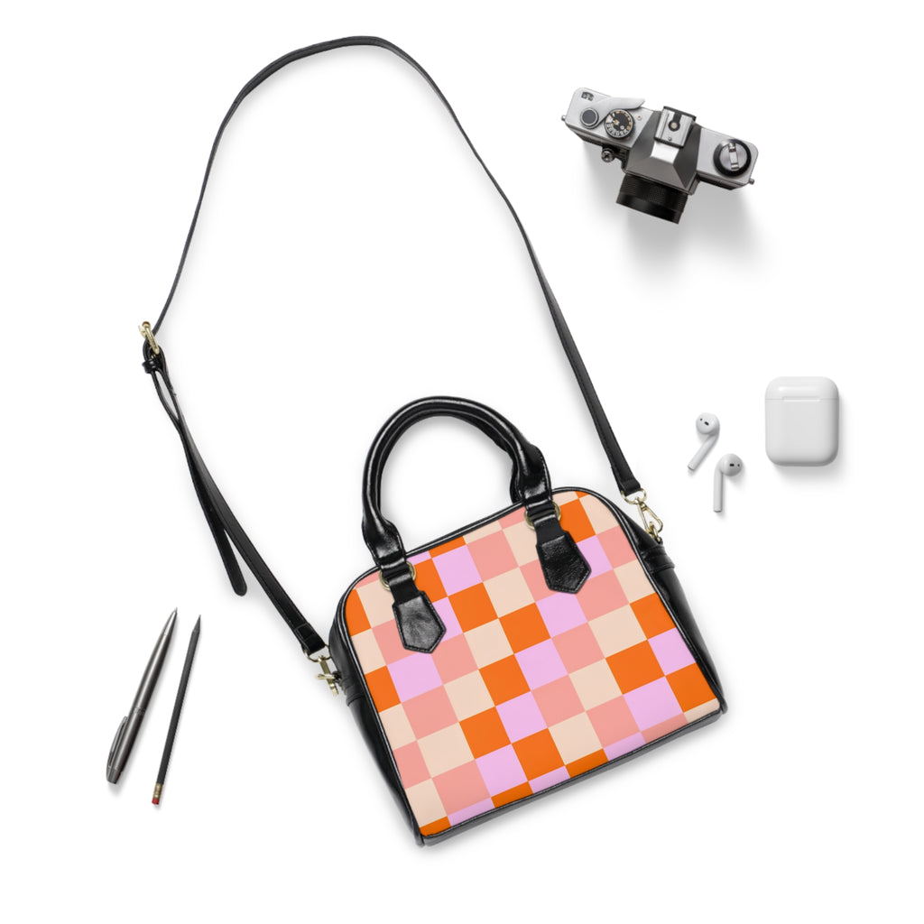 Pink and Orange Checkerboard Shoulder Handbag