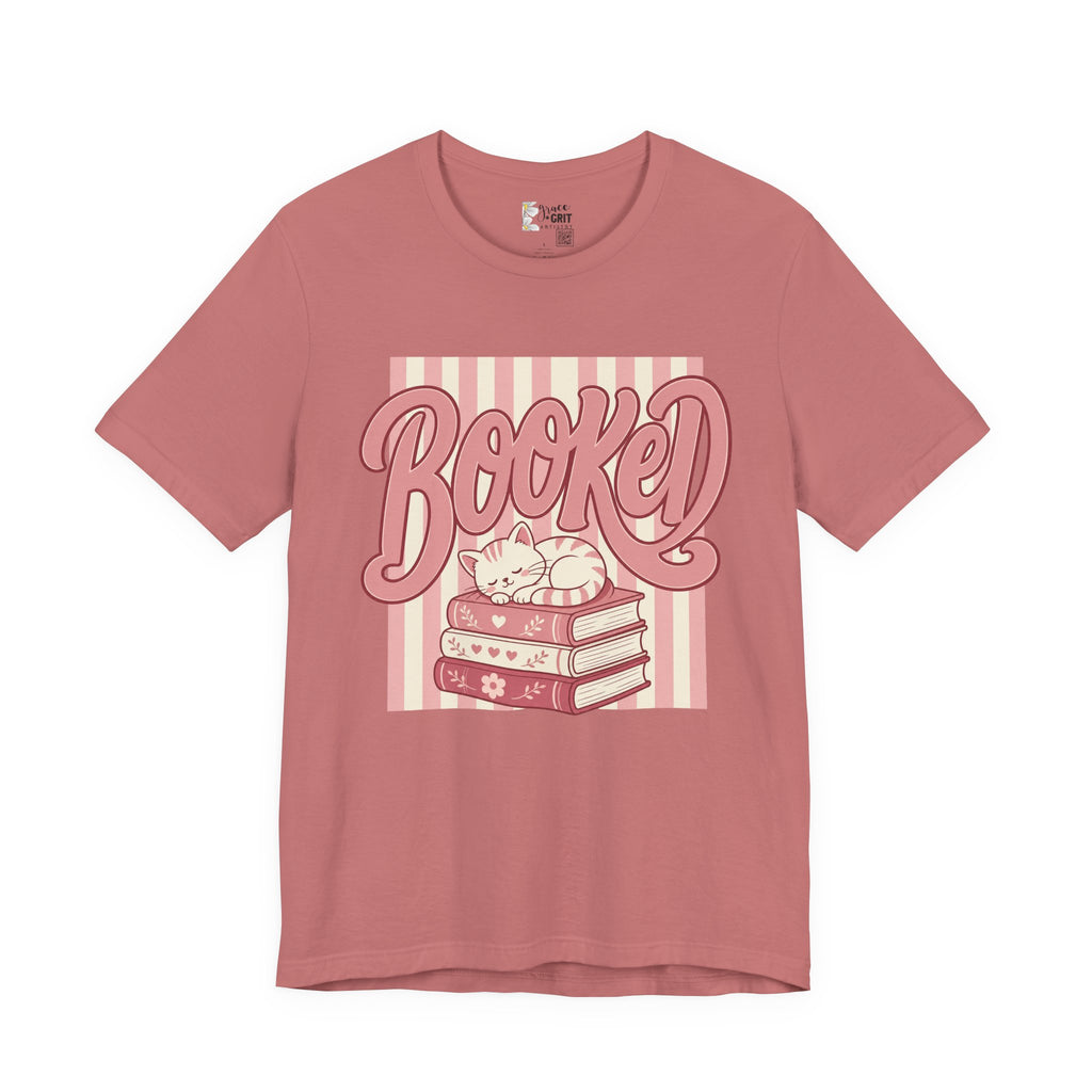 Booked Tee — Cute Cat on Stack of Books Graphic Shirt