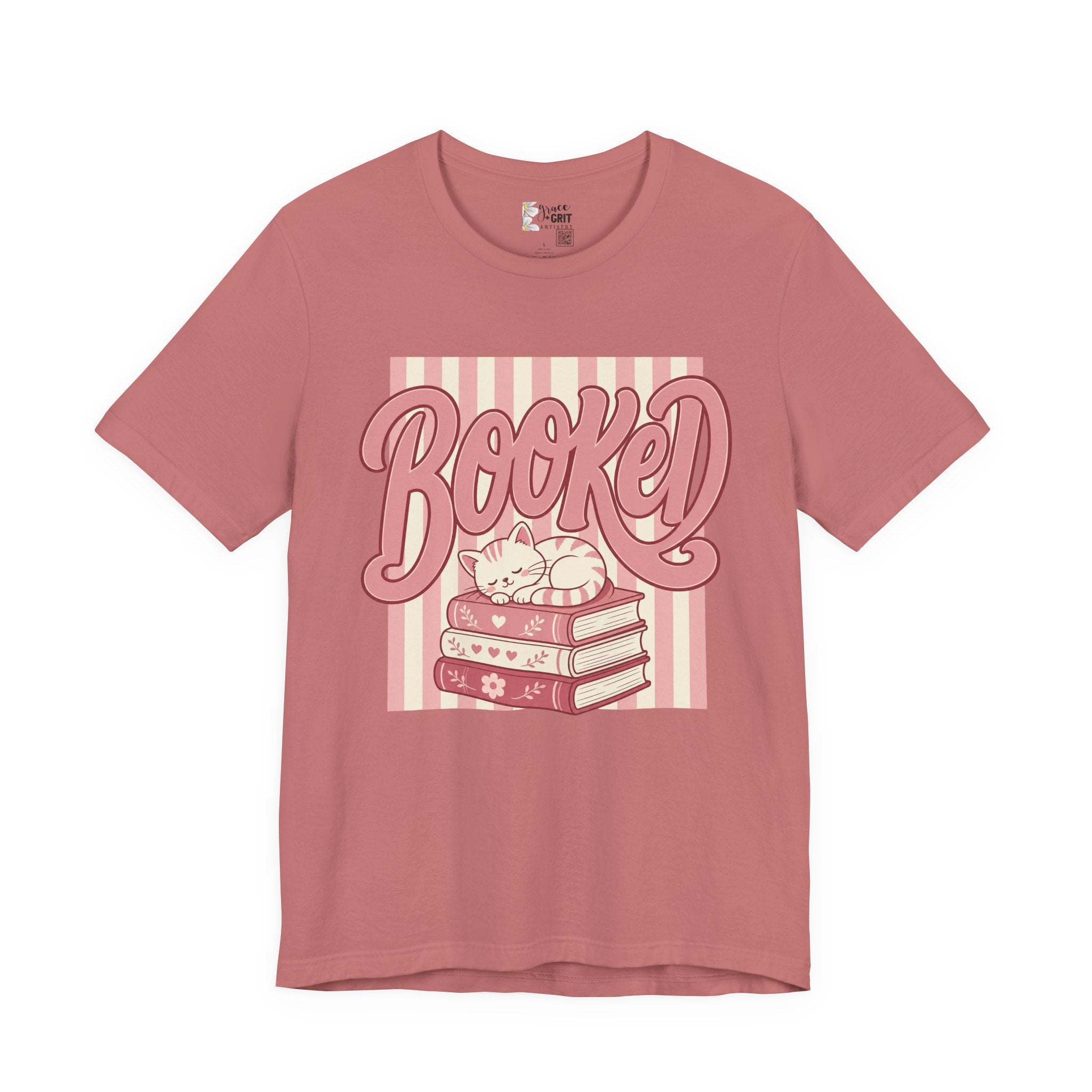 Booked Tee — Cute Cat on Stack of Books Graphic Shirt