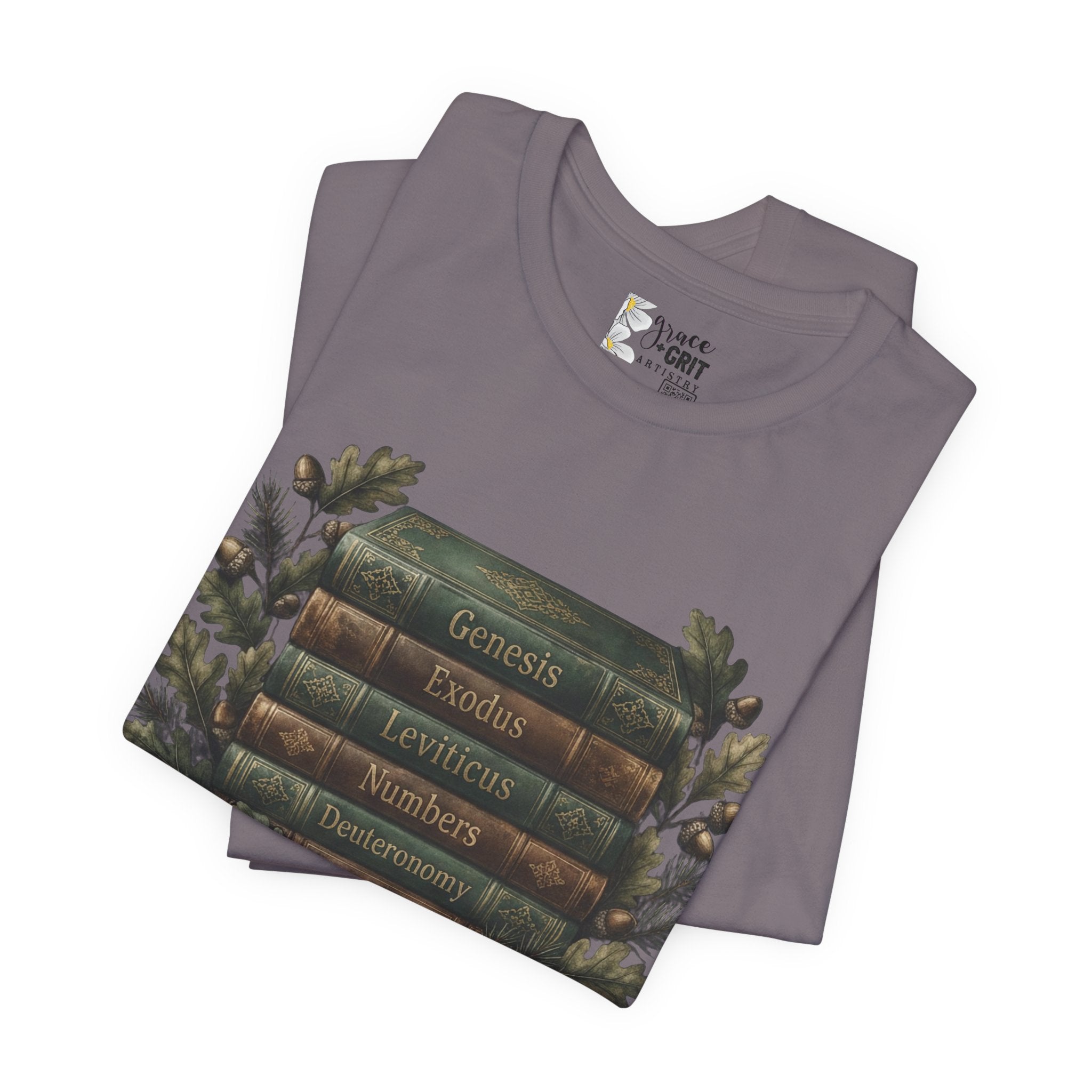 Bible Verse Stack T-Shirt — Genesis Exodus Leviticus Numbers Deuteronomy Floral Graphic