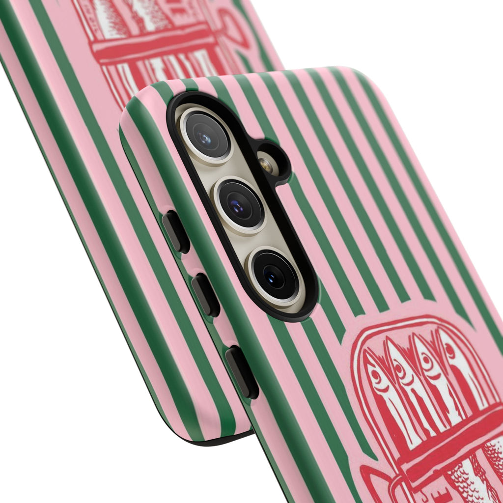 Sardine Stripe Phone Case — Retro Pink & Green Nautical Protection