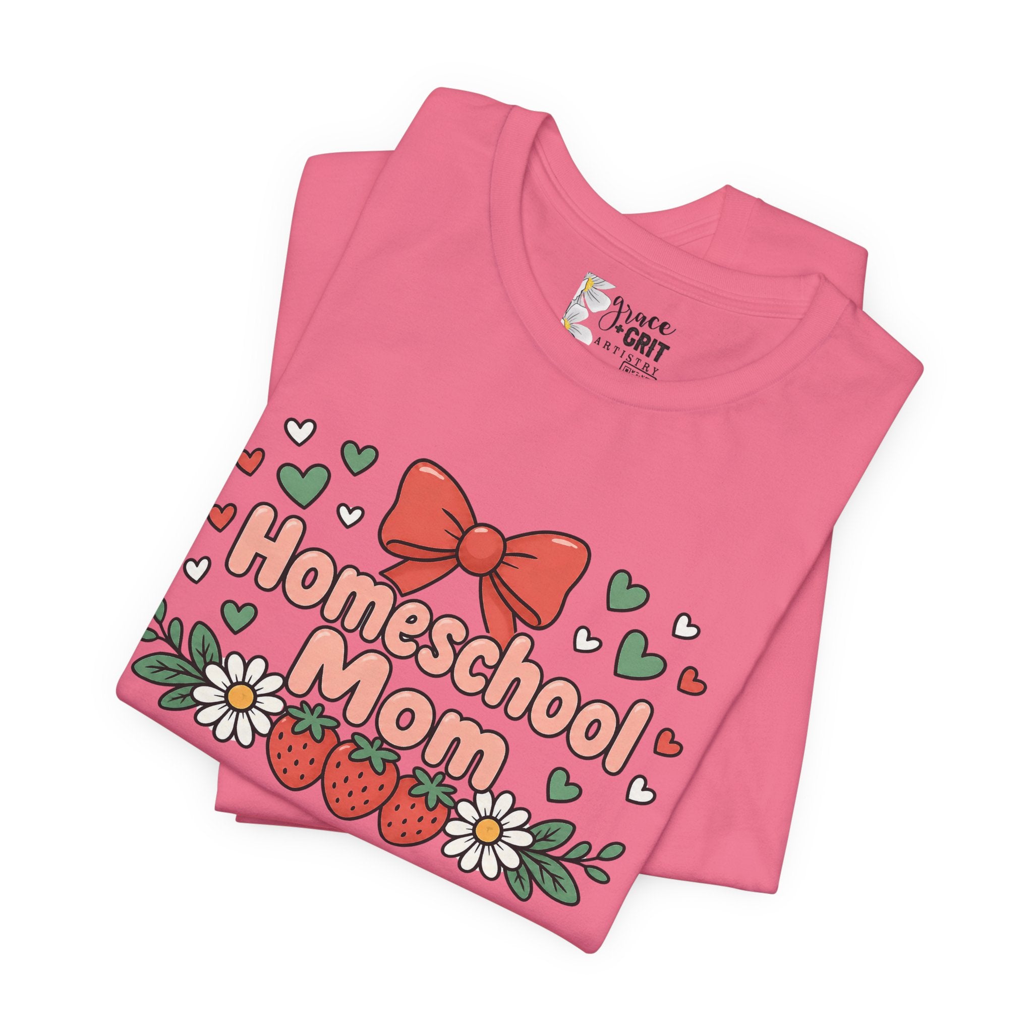 Homeschool Mom T-Shirt – Floral Strawberry Design with Bow