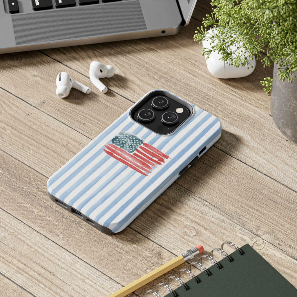 American Flag Watercolor Tough Phone Case — Blue Striped Patriotic Phone Case