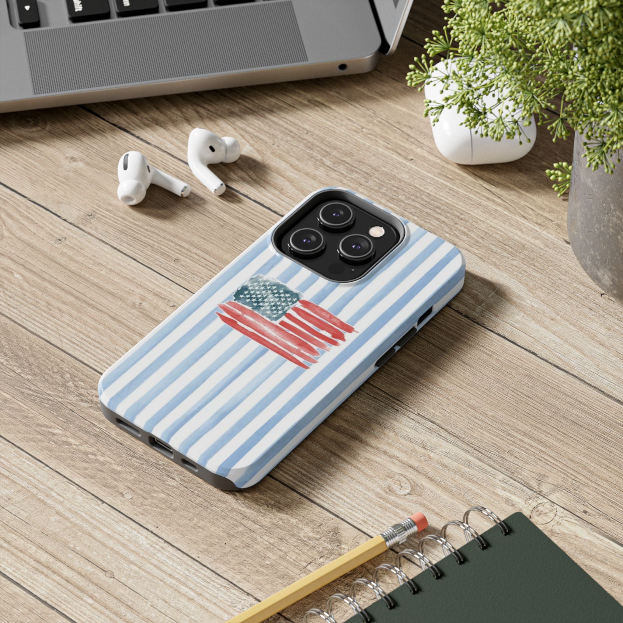 American Flag Watercolor Tough Phone Case — Blue Striped Patriotic Phone Case