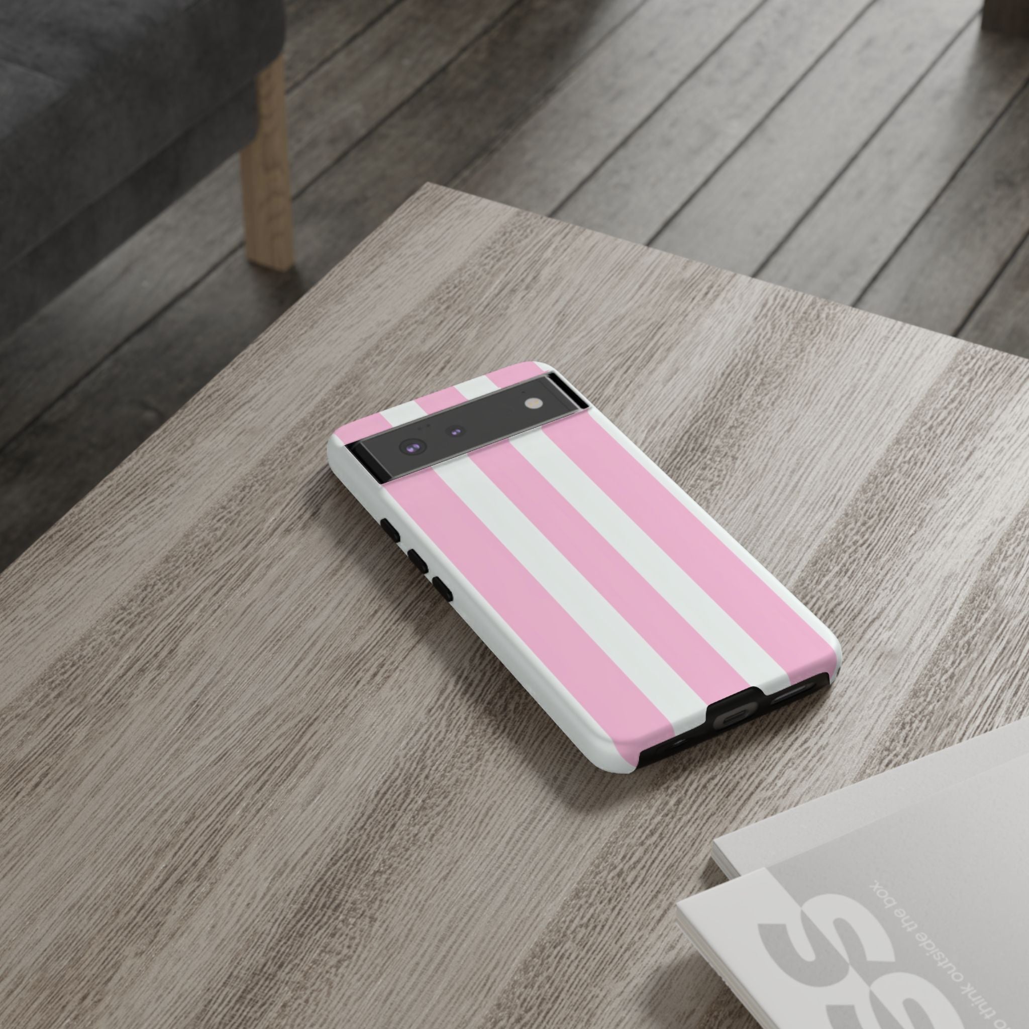 Pink & White Striped Tough Phone Case — Durable Protective Phone Cover