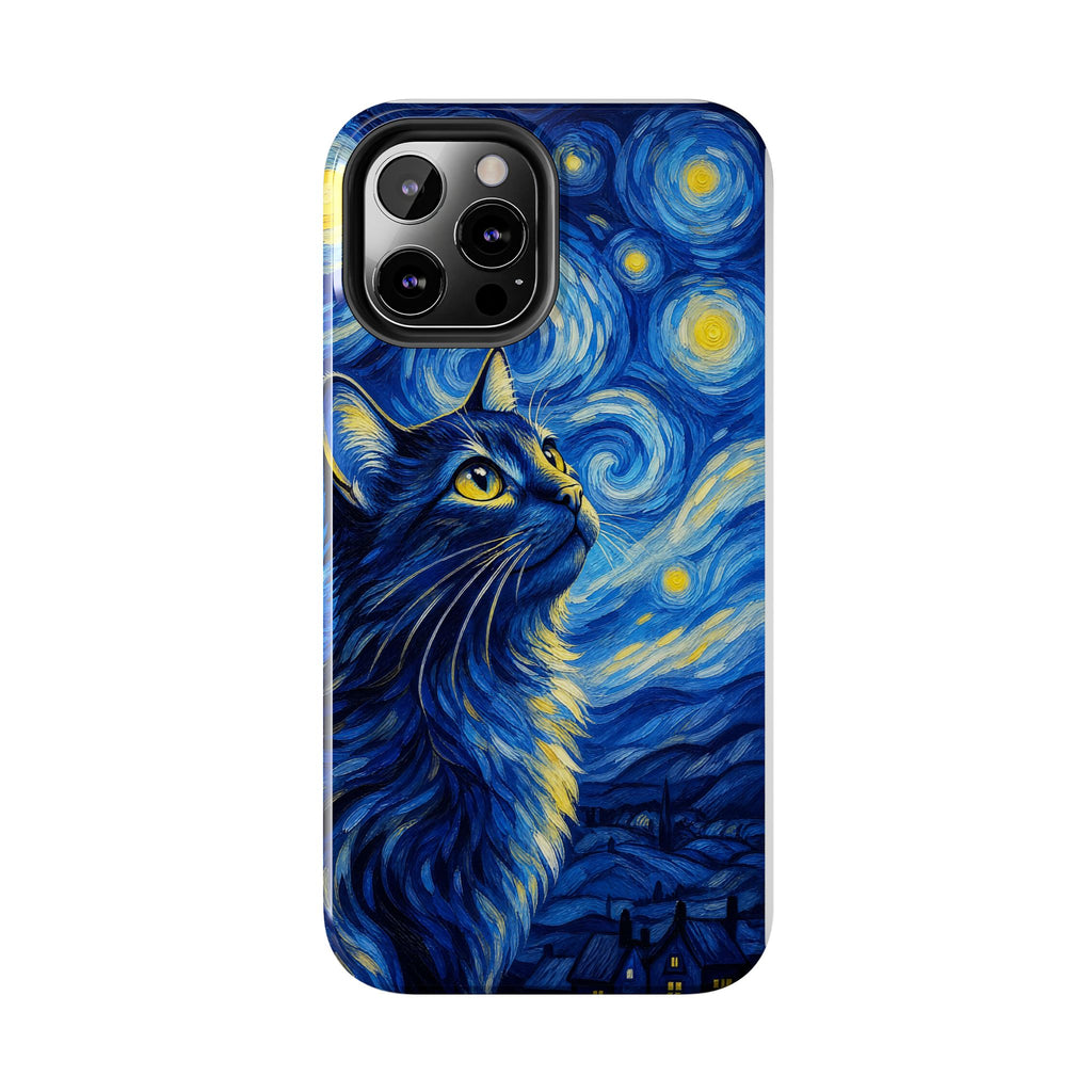 Starry Night Cat Tough Phone Case — Van Gogh Style Galaxy Kitten Protective Cover