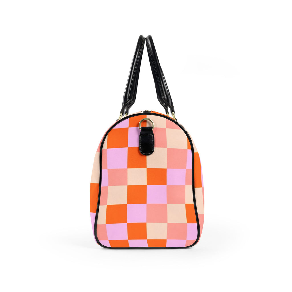 Pink Orange Checkerboard Faux Leather Travel Bag