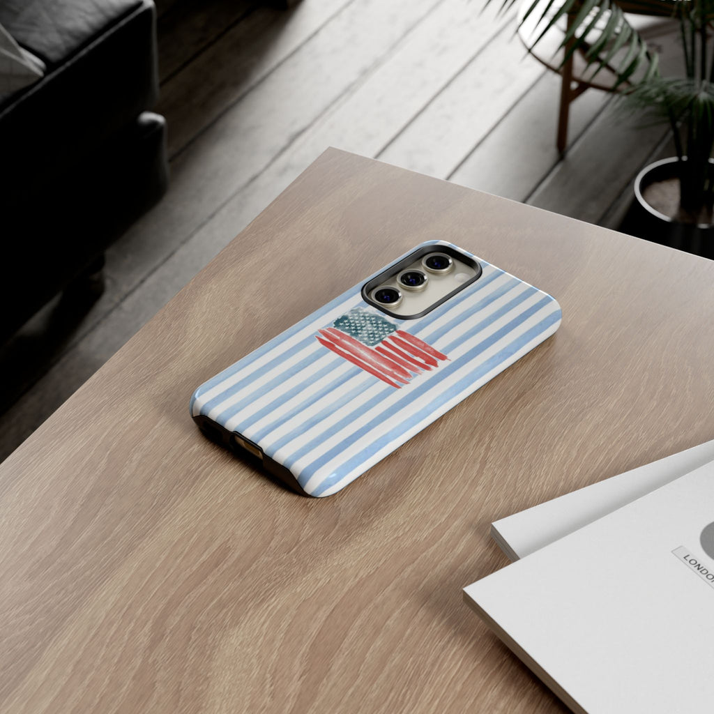 American Flag Watercolor Phone Case - Blue Stripe Tough Case