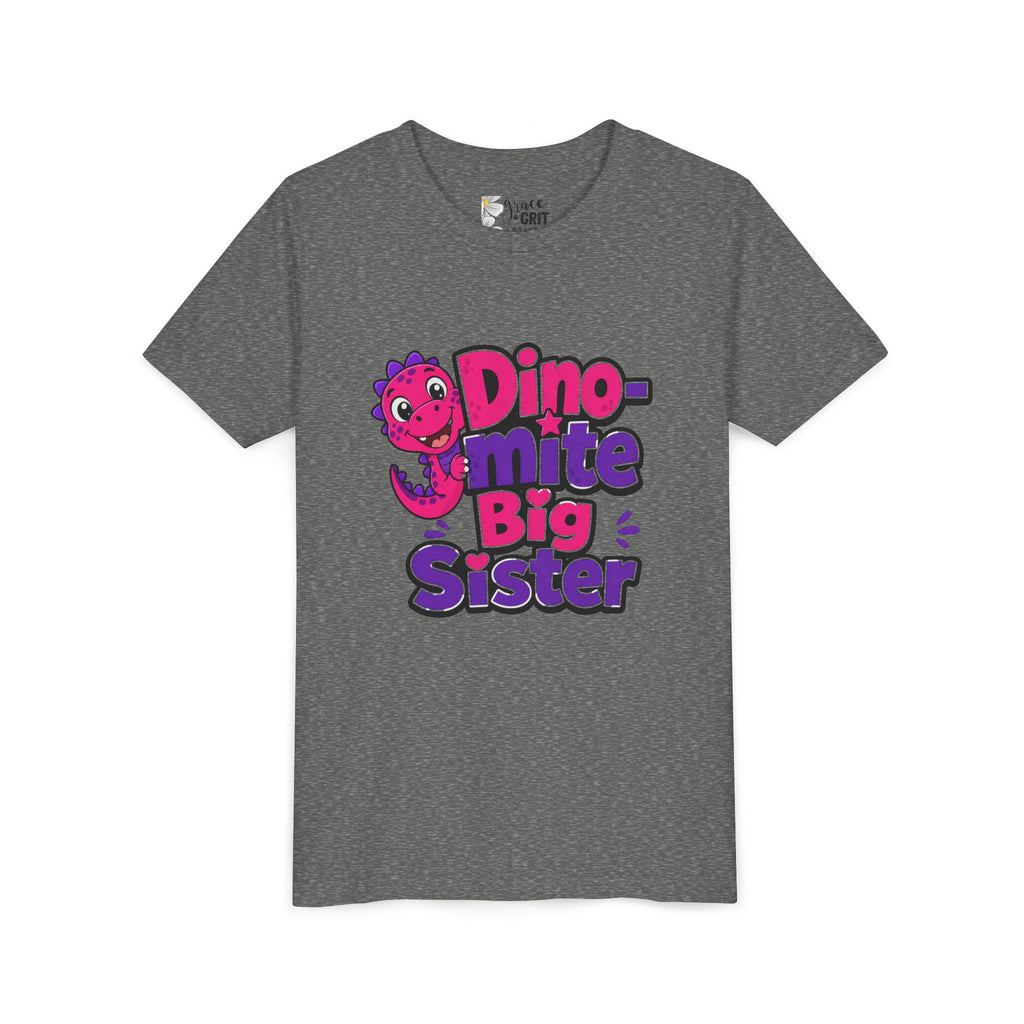 Dino-mite Big Sister Youth Tee — Cute Pink Dinosaur Big Sister Shirt