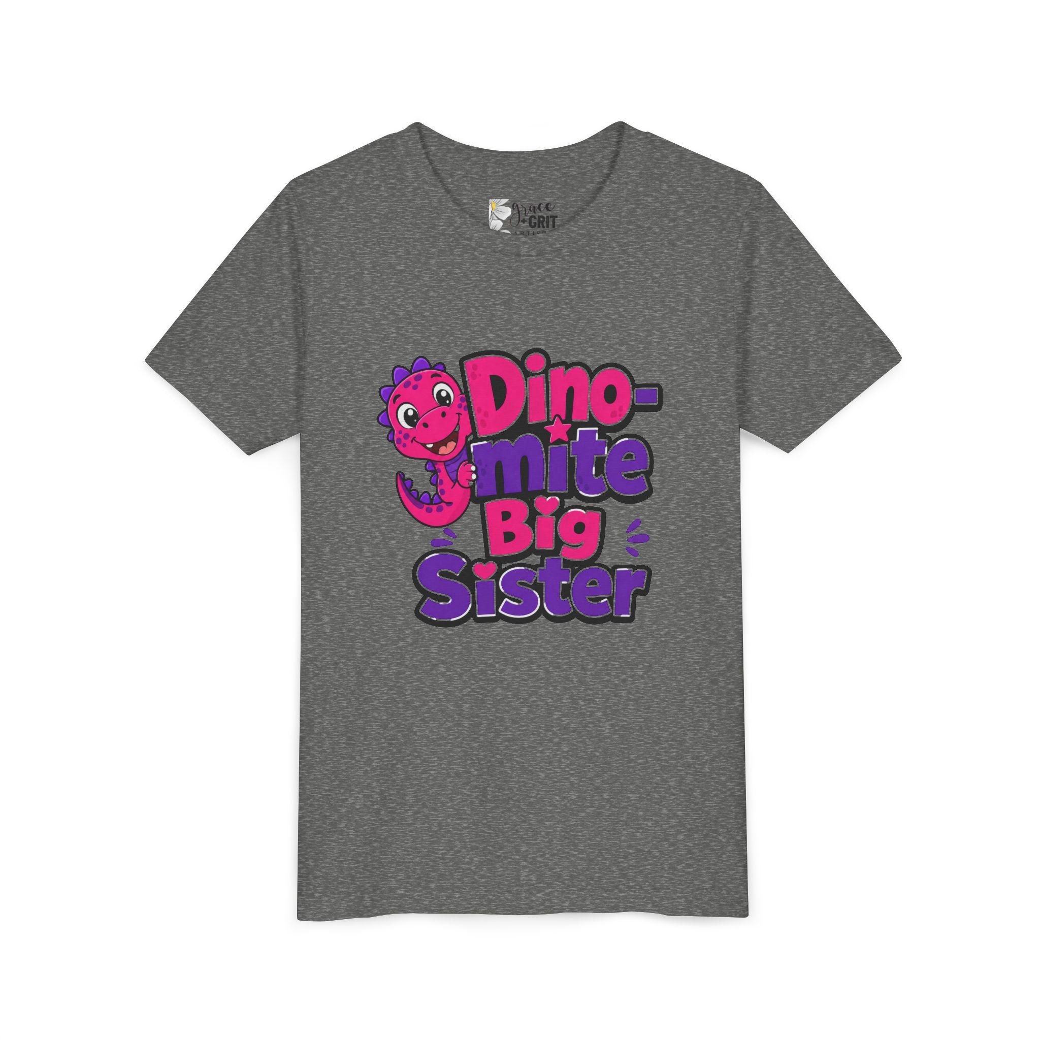 Dino-mite Big Sister Youth Tee — Cute Pink Dinosaur Big Sister Shirt