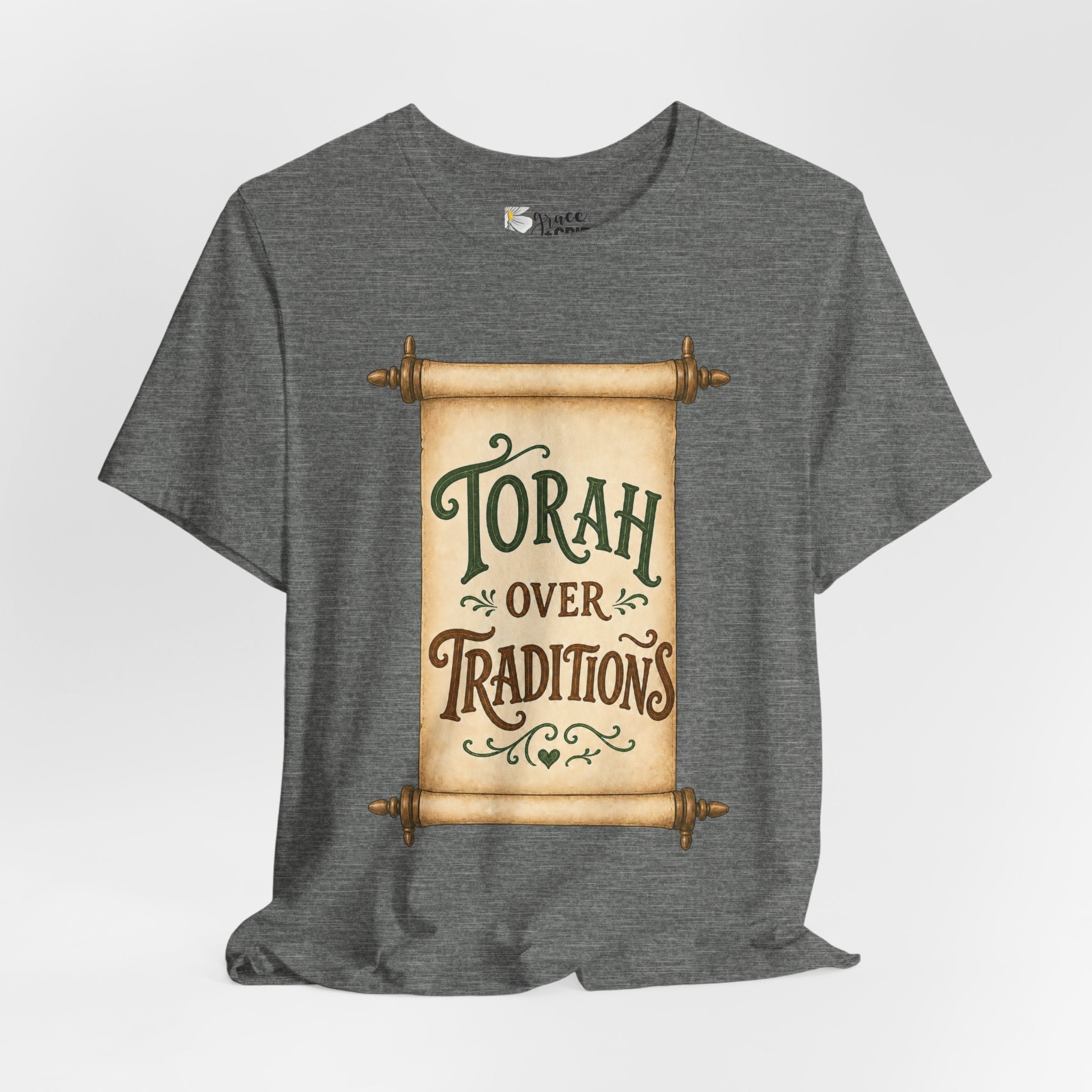 Torah Over Traditions Tee | Scroll Typography Jewish Faith Shirt