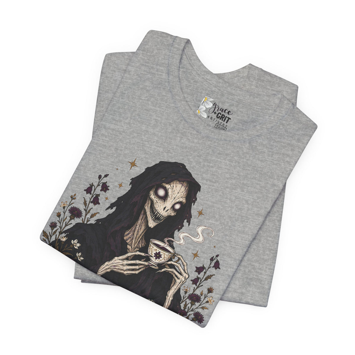 Gothic Reaper Tea T-Shirt — "Sorrel Tea: Hottest Tea in Purgatorium" Graphic Tee