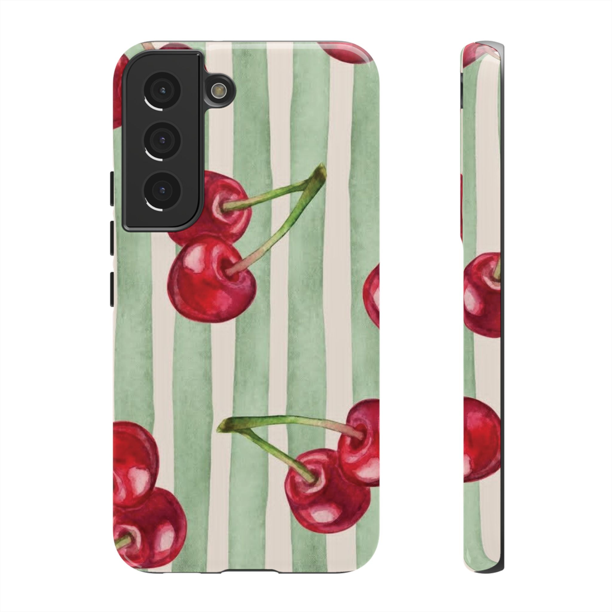 Cherry Stripe Phone Case – Retro Watercolor Cherries on Mint Stripes