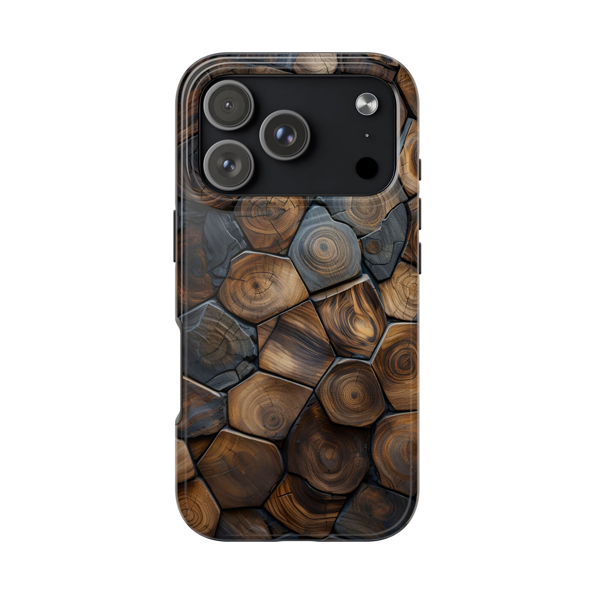 Woodgrain Hex Pattern Tough Phone Case — Rustic Log Cross-Section Design