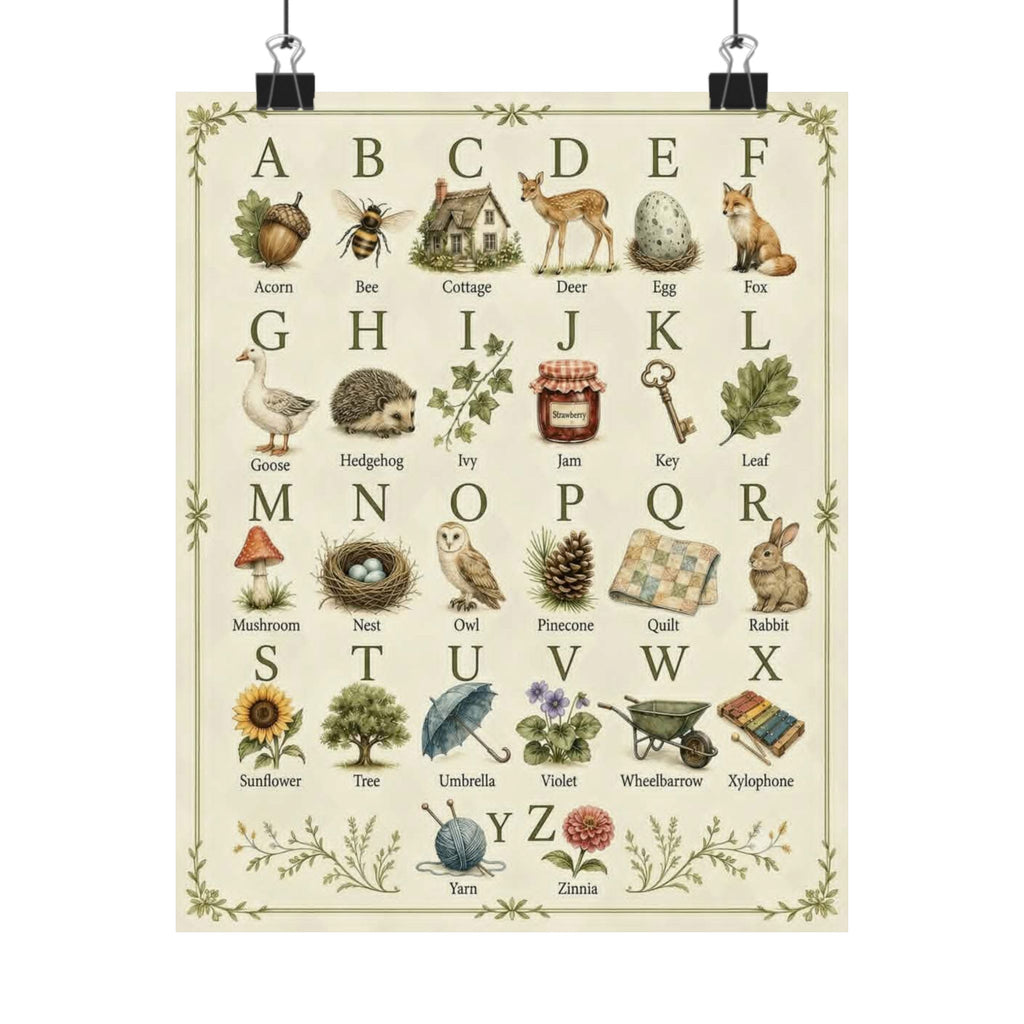 Vintage Alphabet Poster — Botanical & Woodland Animal ABC Matte Print