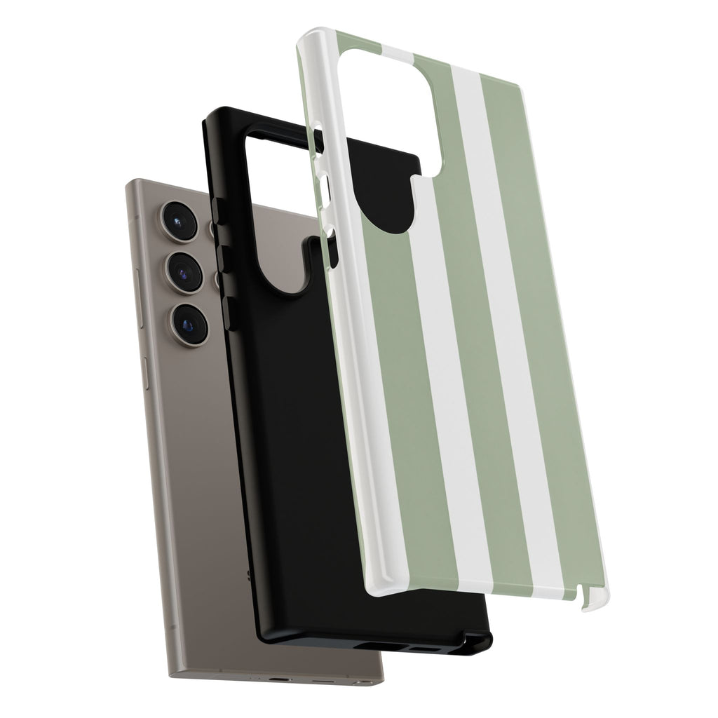 Striped Sage Tough Phone Case — Durable Green & White Vertical Stripe Phone Cover
