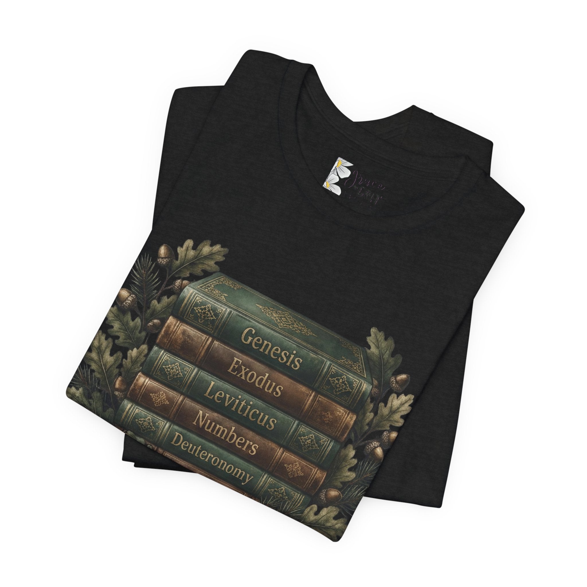 Bible Verse Stack T-Shirt — Genesis Exodus Leviticus Numbers Deuteronomy Floral Graphic