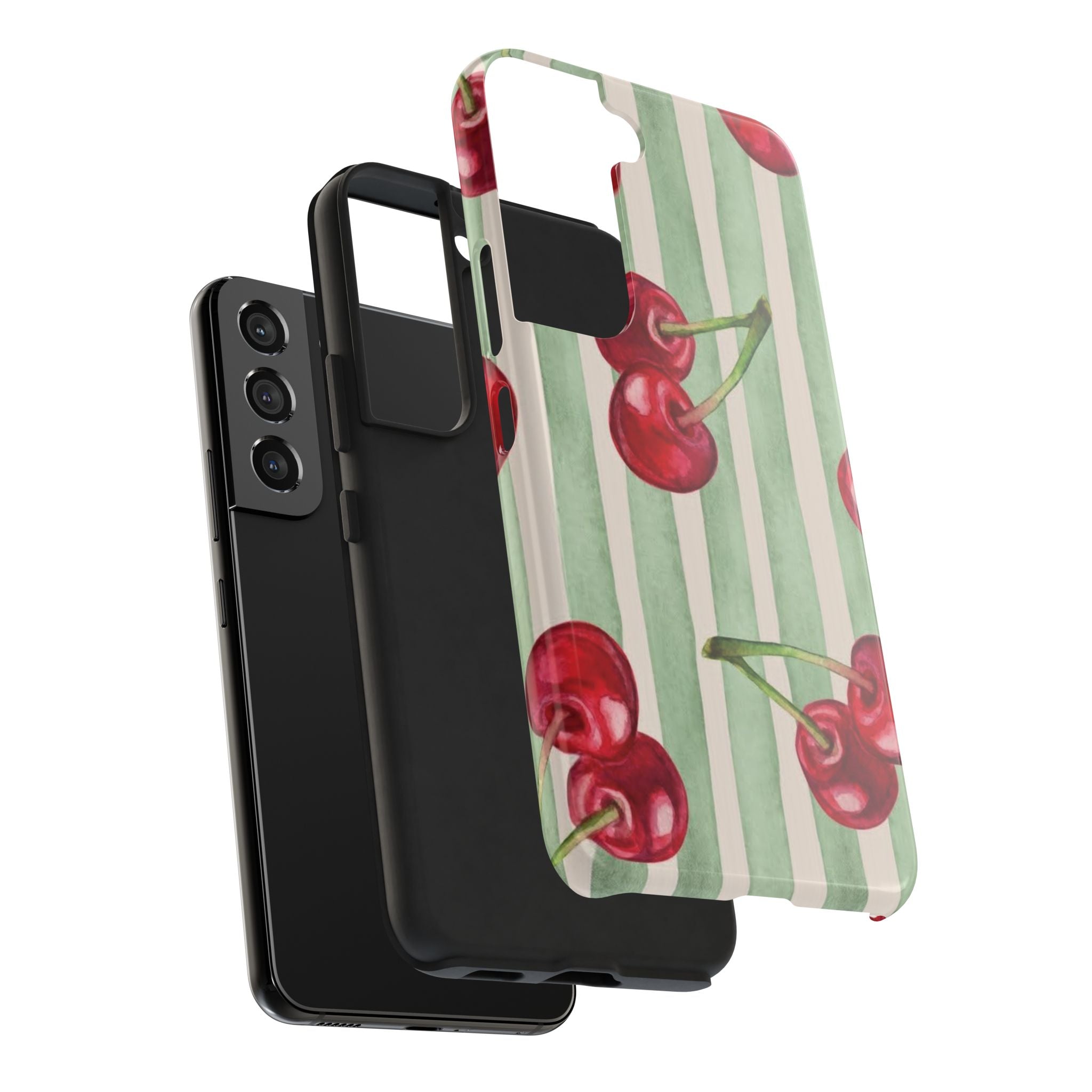 Cherry Stripe Tough Phone Case — Retro Watercolor Cherry Pattern Durable Phone Case