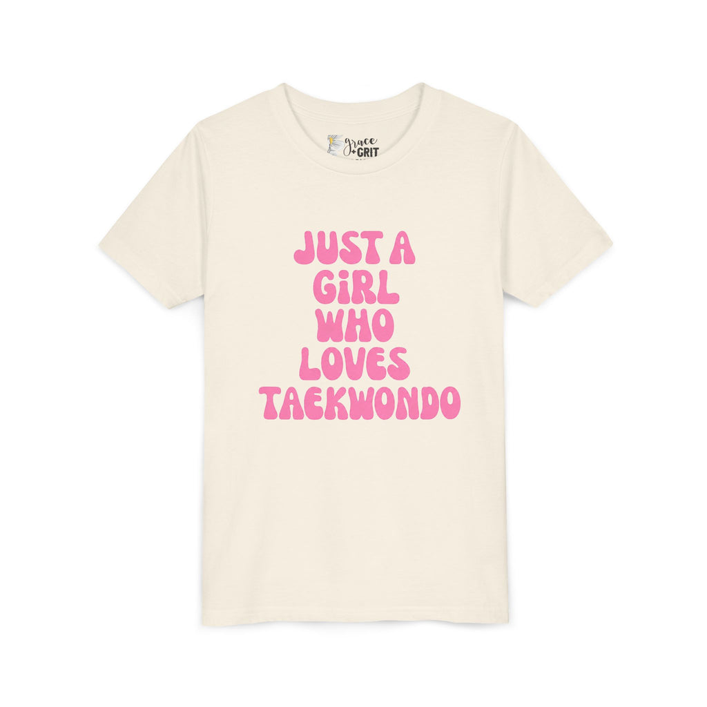 Just a Girl Who Loves Taekwondo Youth Tee | Pink Text Martial Arts Shirt