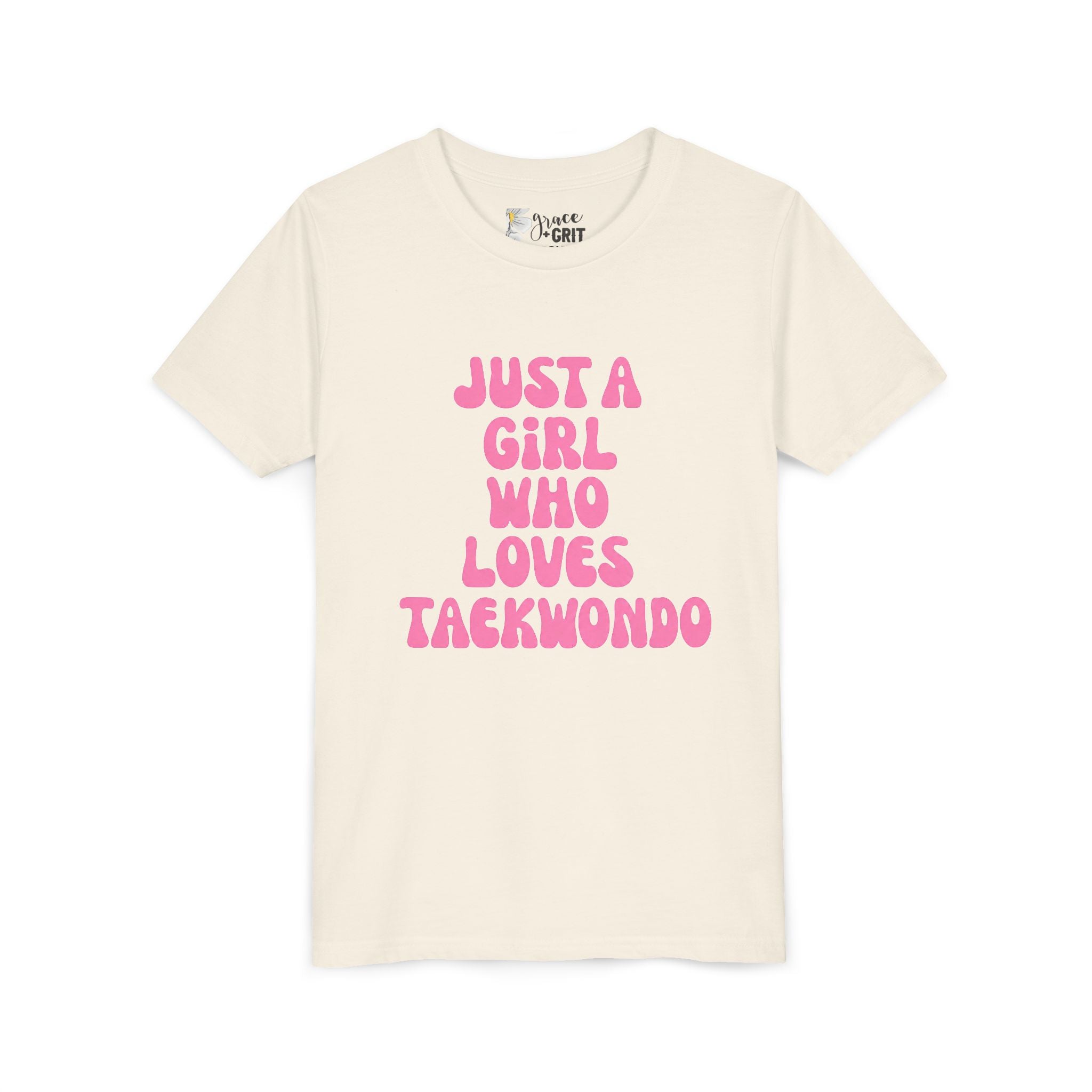 Just a Girl Who Loves Taekwondo Youth Tee | Pink Text Martial Arts Shirt