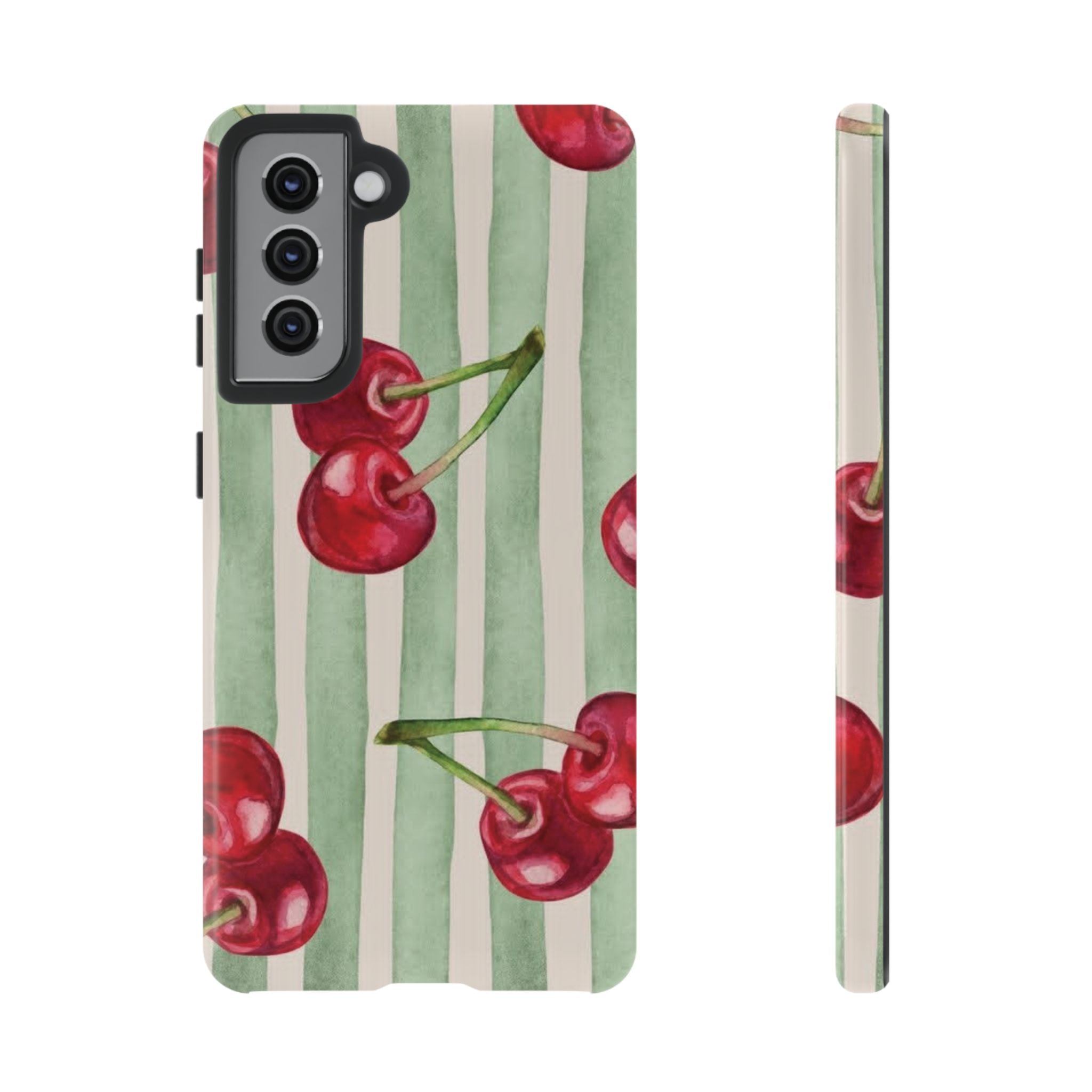 Cherry Stripe Phone Case – Retro Watercolor Cherries on Mint Stripes
