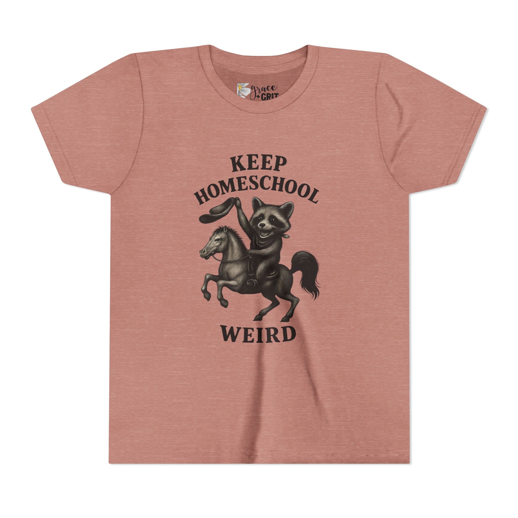 Keep Homeschool Weird Youth Tee | Raccoon Riding Horse Illustration