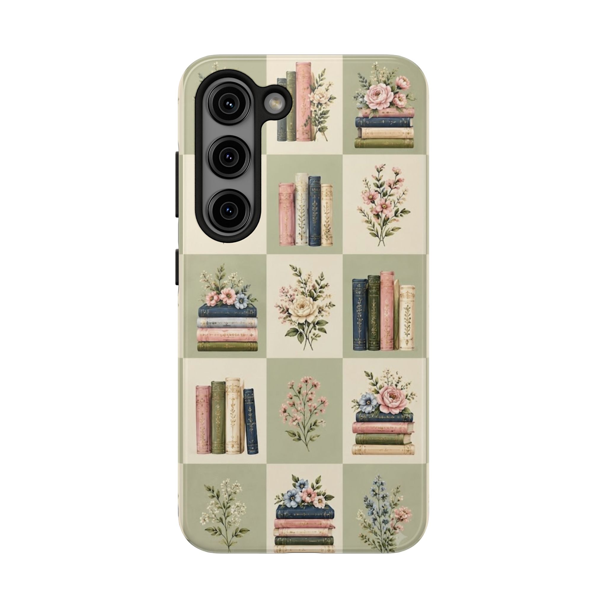 Floral Bookshelf Tough Phone Case — Vintage Floral & Stacked Books Pattern