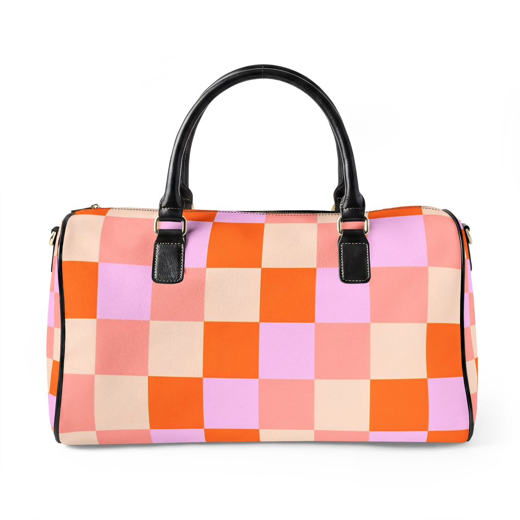 Pink Orange Checkerboard Faux Leather Travel Bag