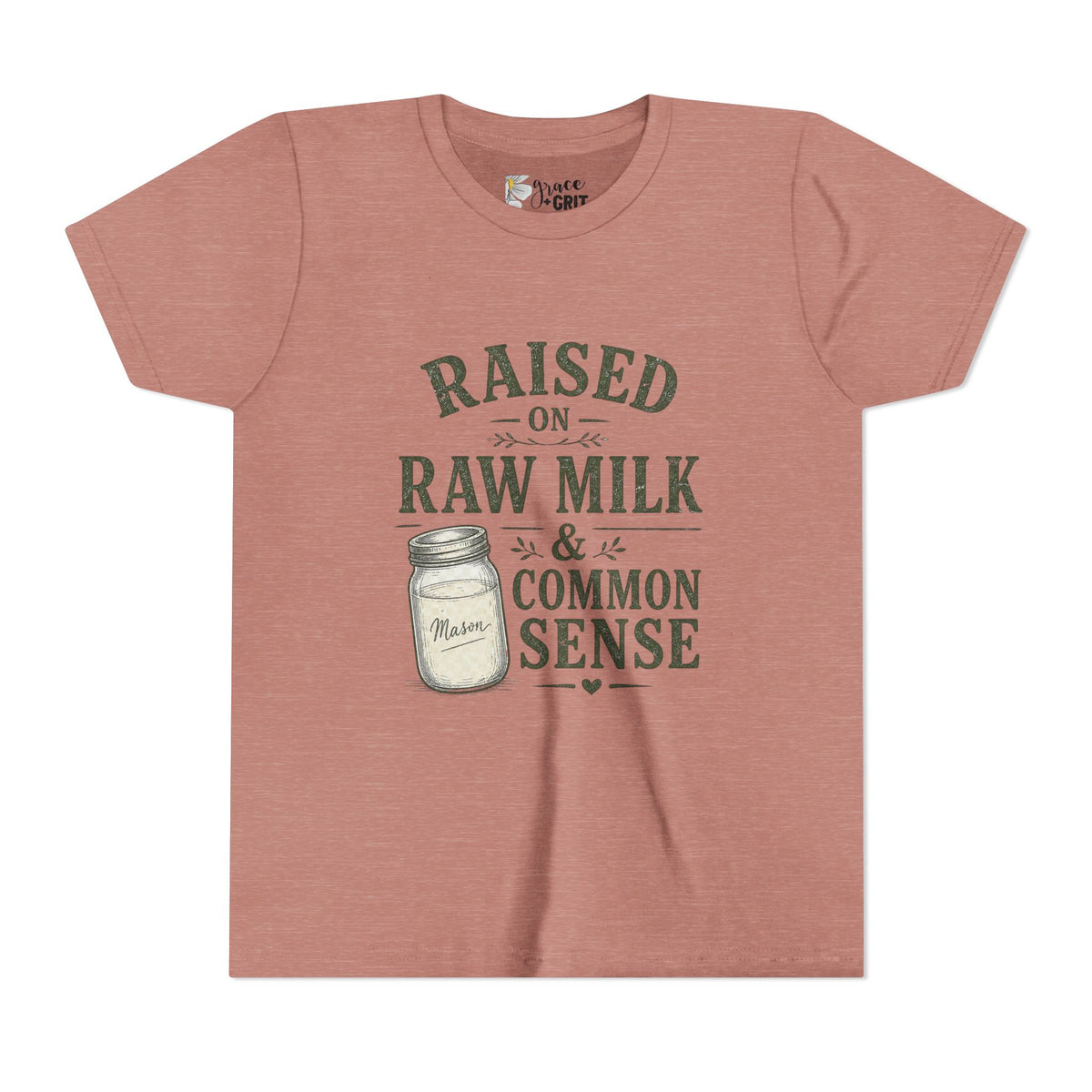 Youth Tee — "Raised on Raw Milk & Common Sense" Vintage Farm Kid Shirt