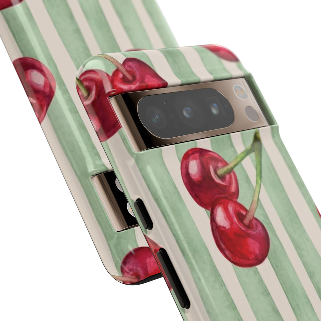 Cherry Stripe Phone Case – Retro Watercolor Cherries on Mint Stripes