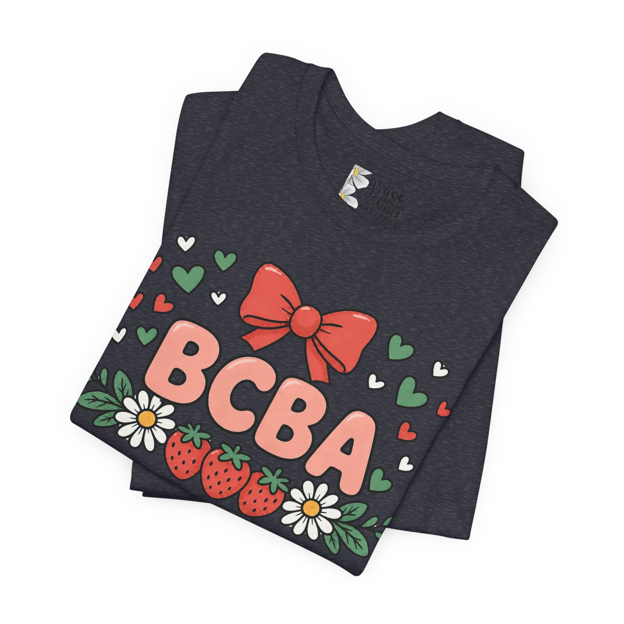 BCBA Strawberry Bow T-Shirt — Cute Floral ABA Therapist Gift