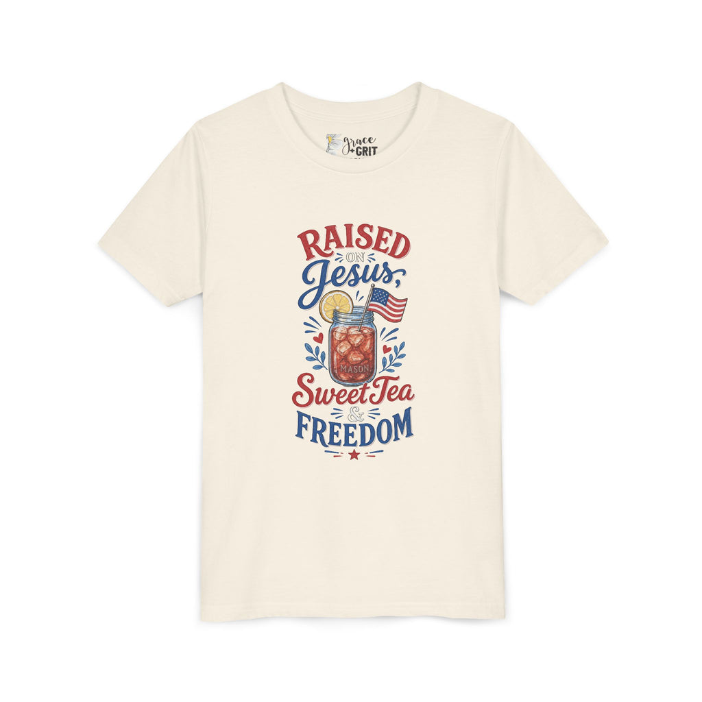 Youth Tee — "Raised Jesus, Sweet Tea, Freedom" Patriotic Christian Graphic