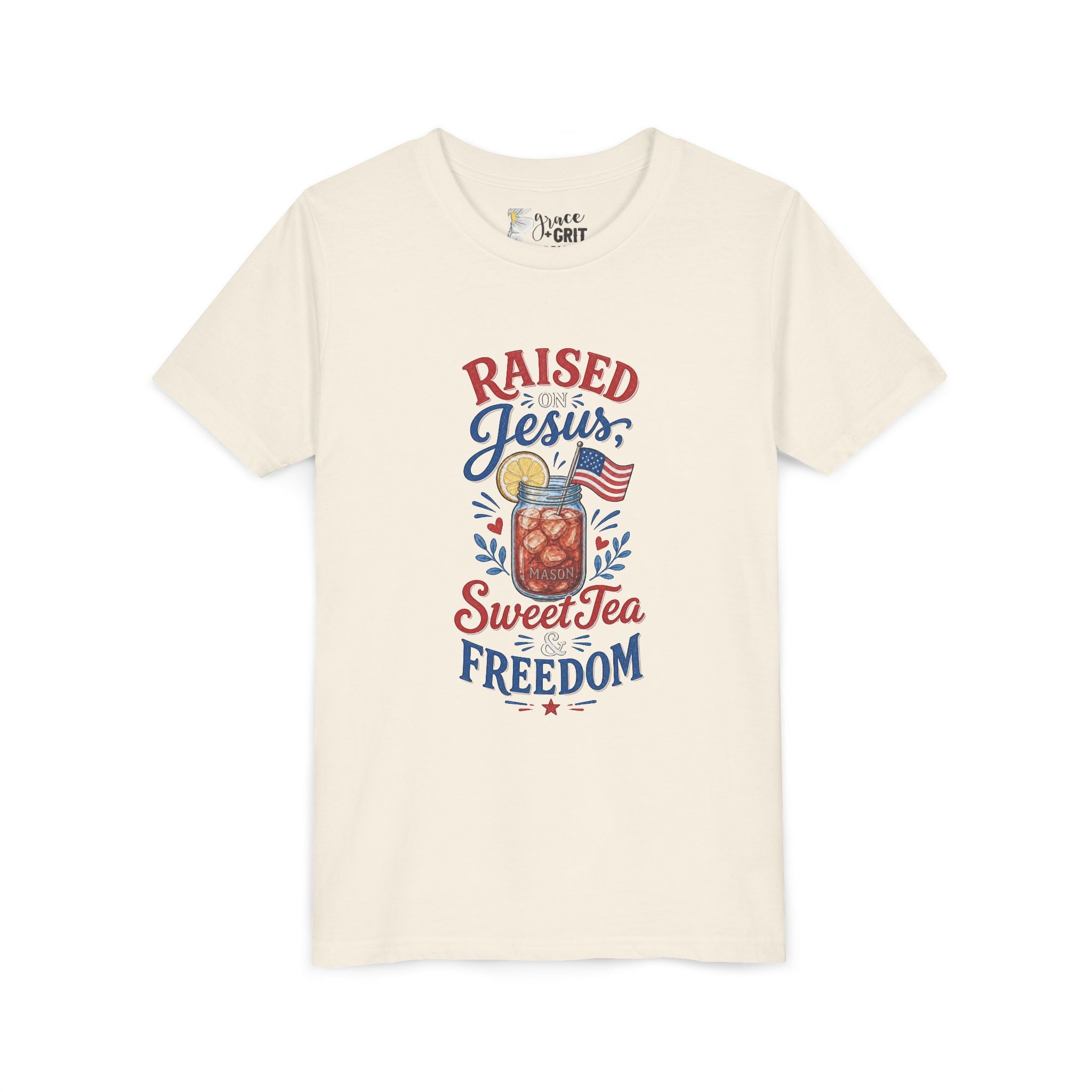 Youth Tee — "Raised Jesus, Sweet Tea, Freedom" Patriotic Christian Graphic