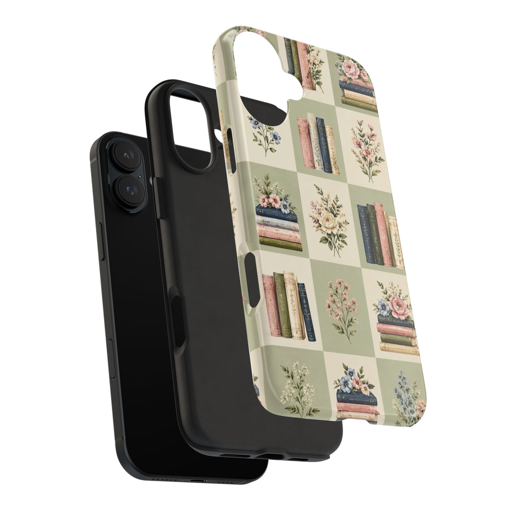 Floral Bookshelf Tough Phone Case — Vintage Floral & Stacked Books Pattern