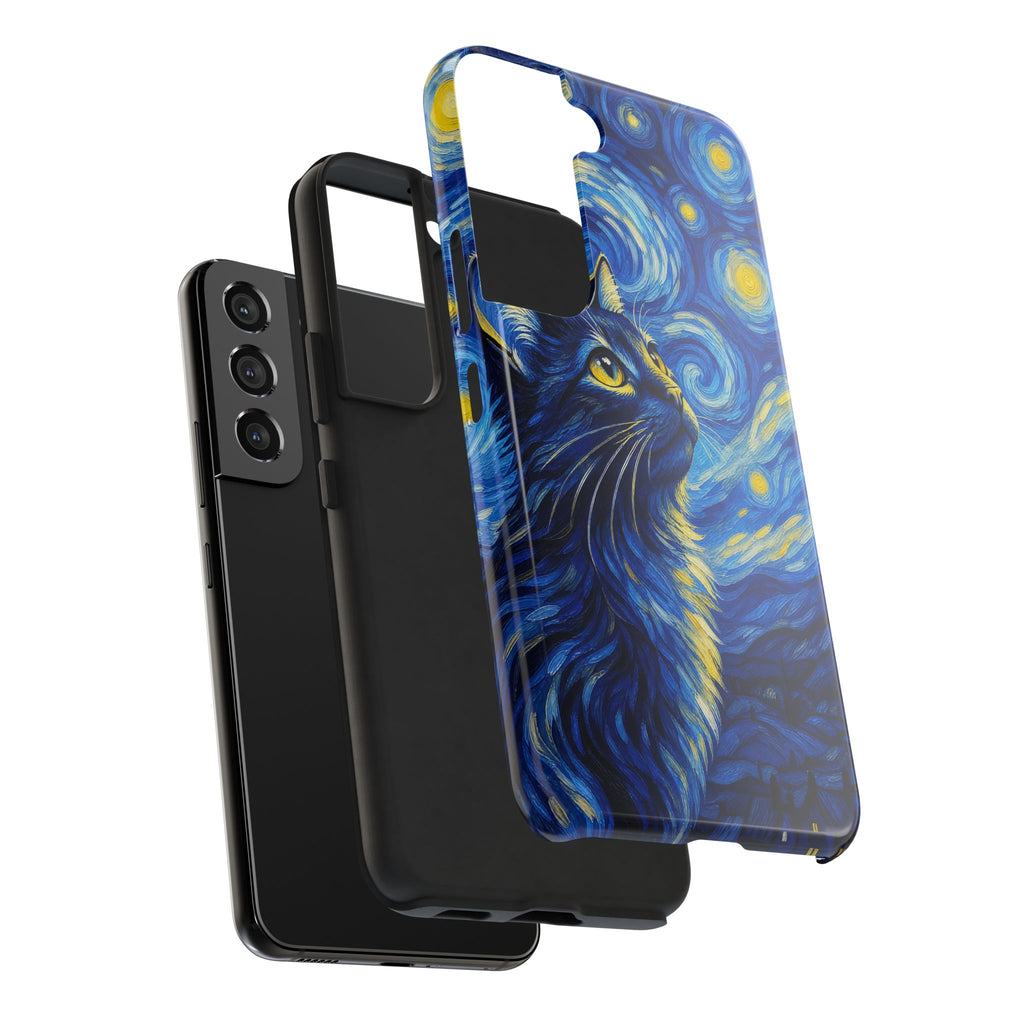 Starry Night Cat Tough Phone Case — Van Gogh Style Galaxy Kitten Protective Cover