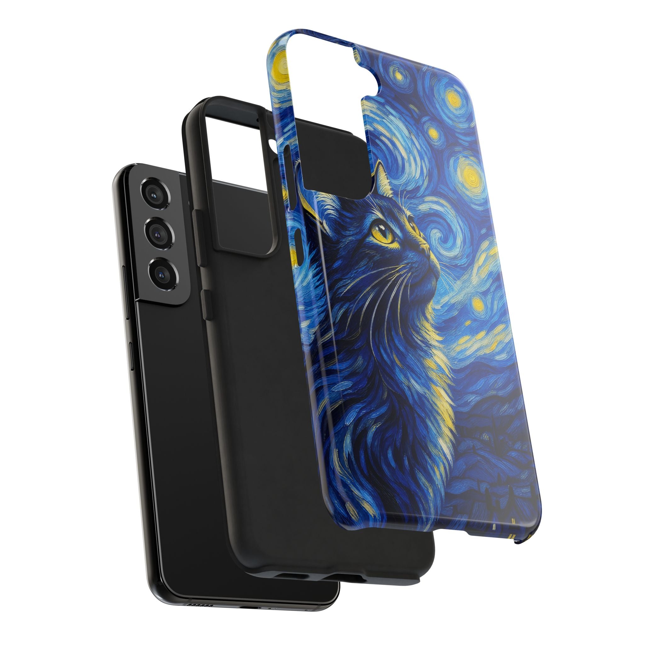 Starry Night Cat Tough Phone Case — Van Gogh Style Galaxy Kitten Protective Cover