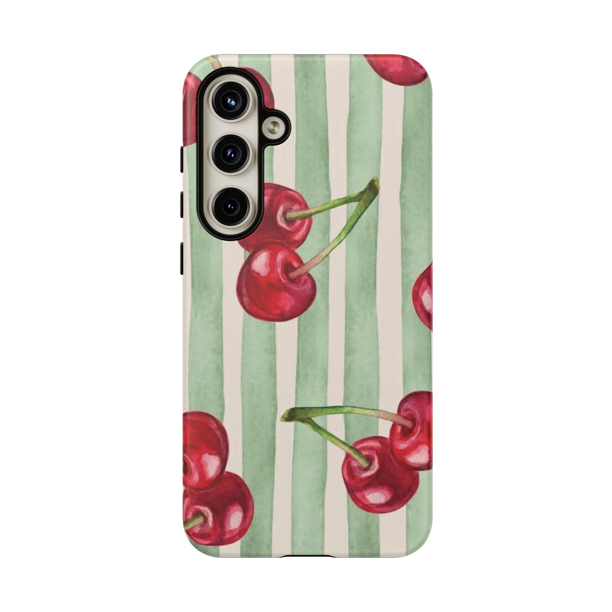 Cherry Stripe Phone Case – Retro Watercolor Cherries on Mint Stripes