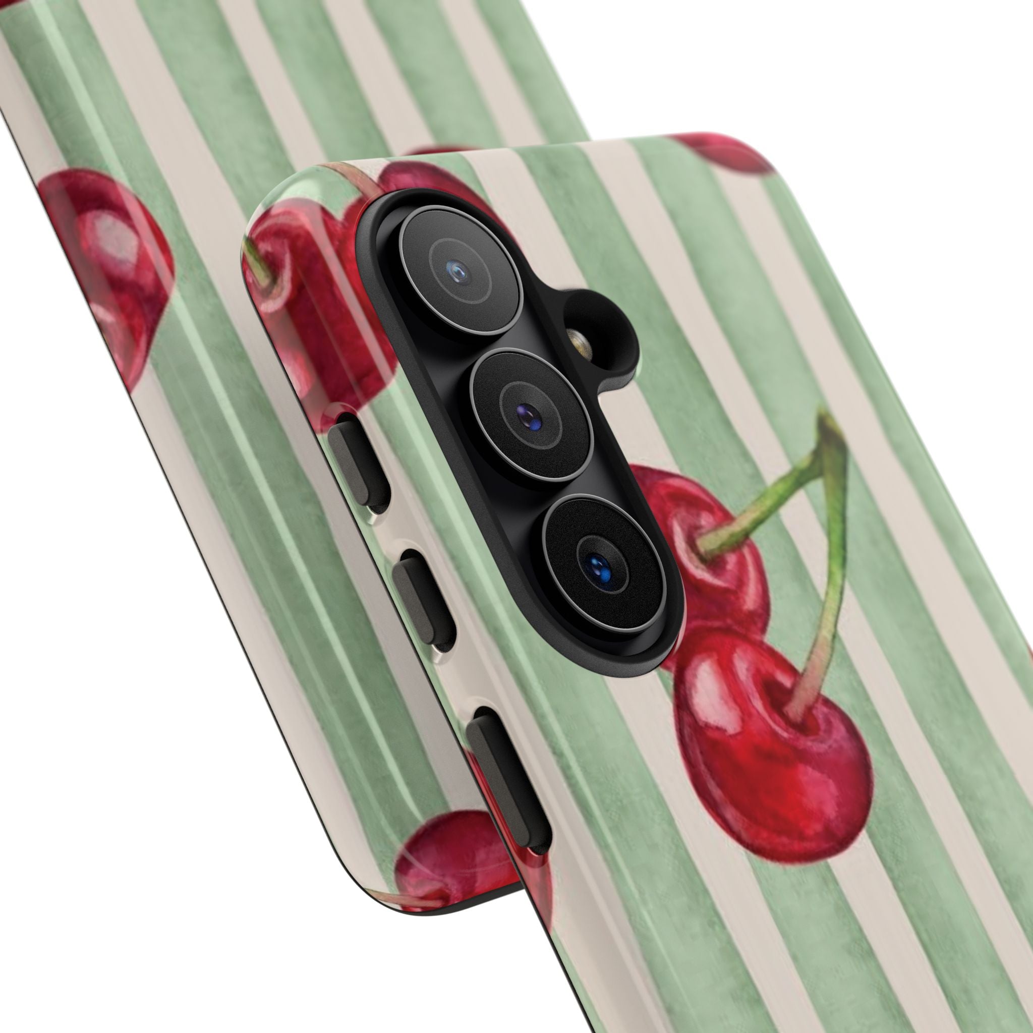 Cherry Stripe Phone Case – Retro Watercolor Cherries on Mint Stripes