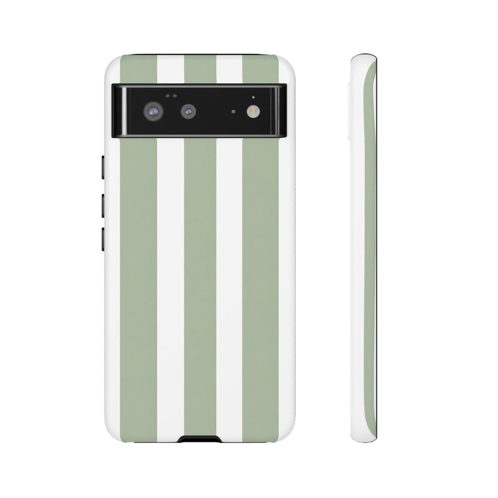 Striped Sage Tough Phone Case — Durable Green & White Vertical Stripe Phone Cover