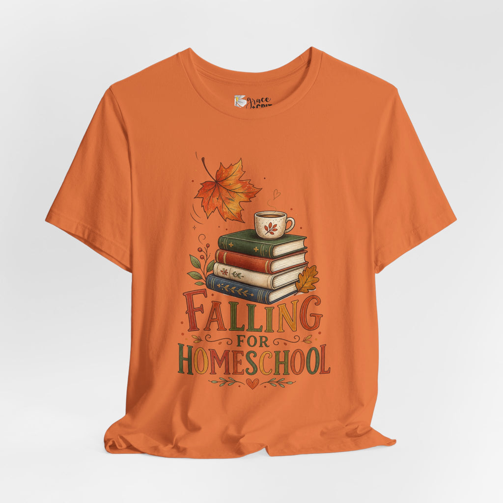 Fall Homeschool T‑Shirt – “Falling into Homeschool” Autumn Books & Coffee Tee
