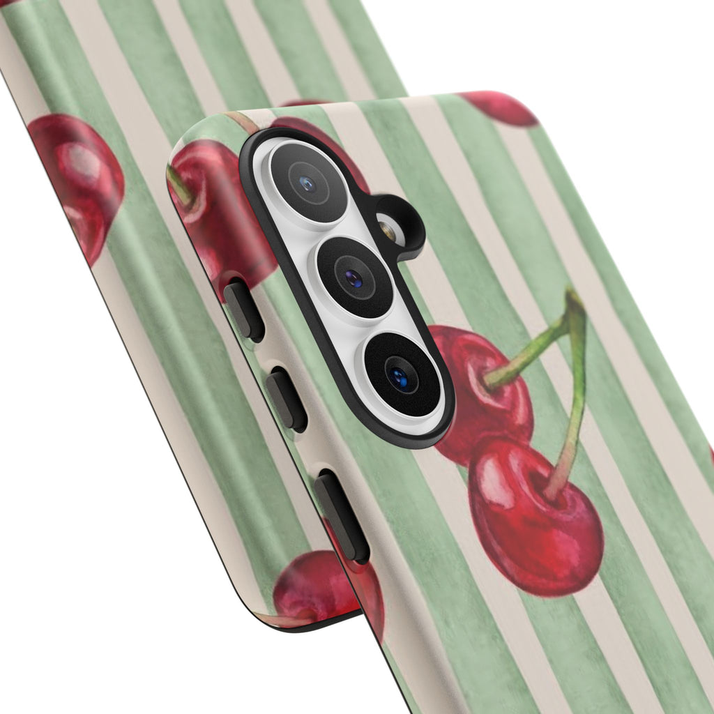 Cherry Stripe Phone Case – Retro Watercolor Cherries on Mint Stripes