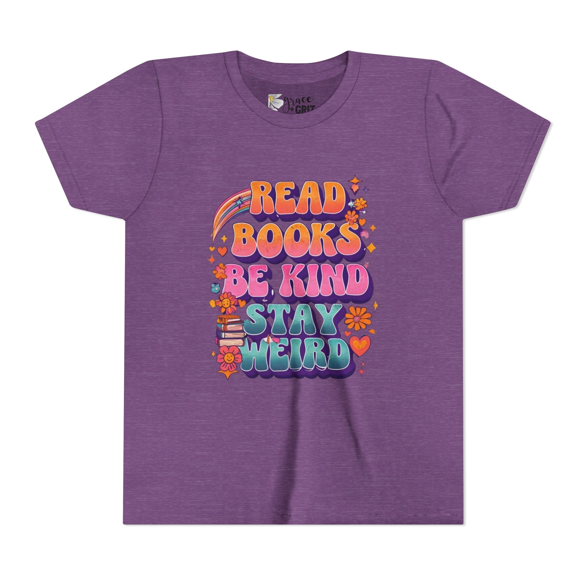 Youth Tee — "Read Books Be Kind Stay Weird" Retro Kids Graphic Shirt