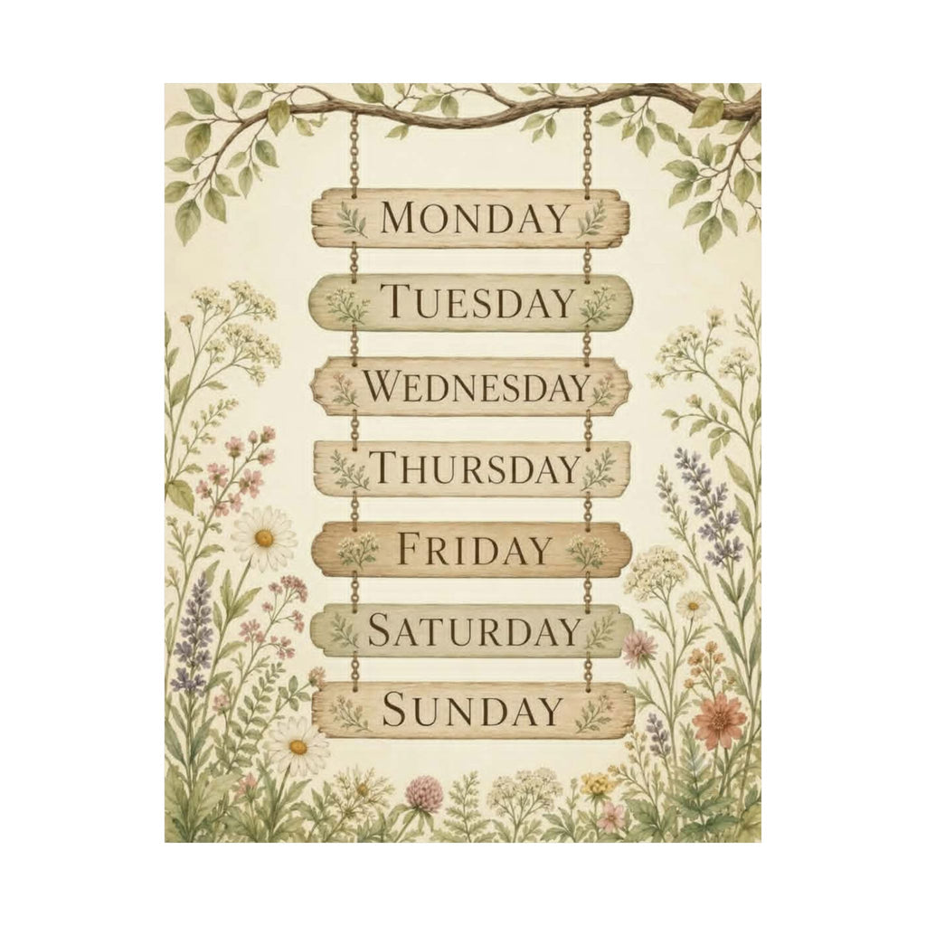 Vintage Floral Days of the Week Poster — Matte Vertical Wall Art