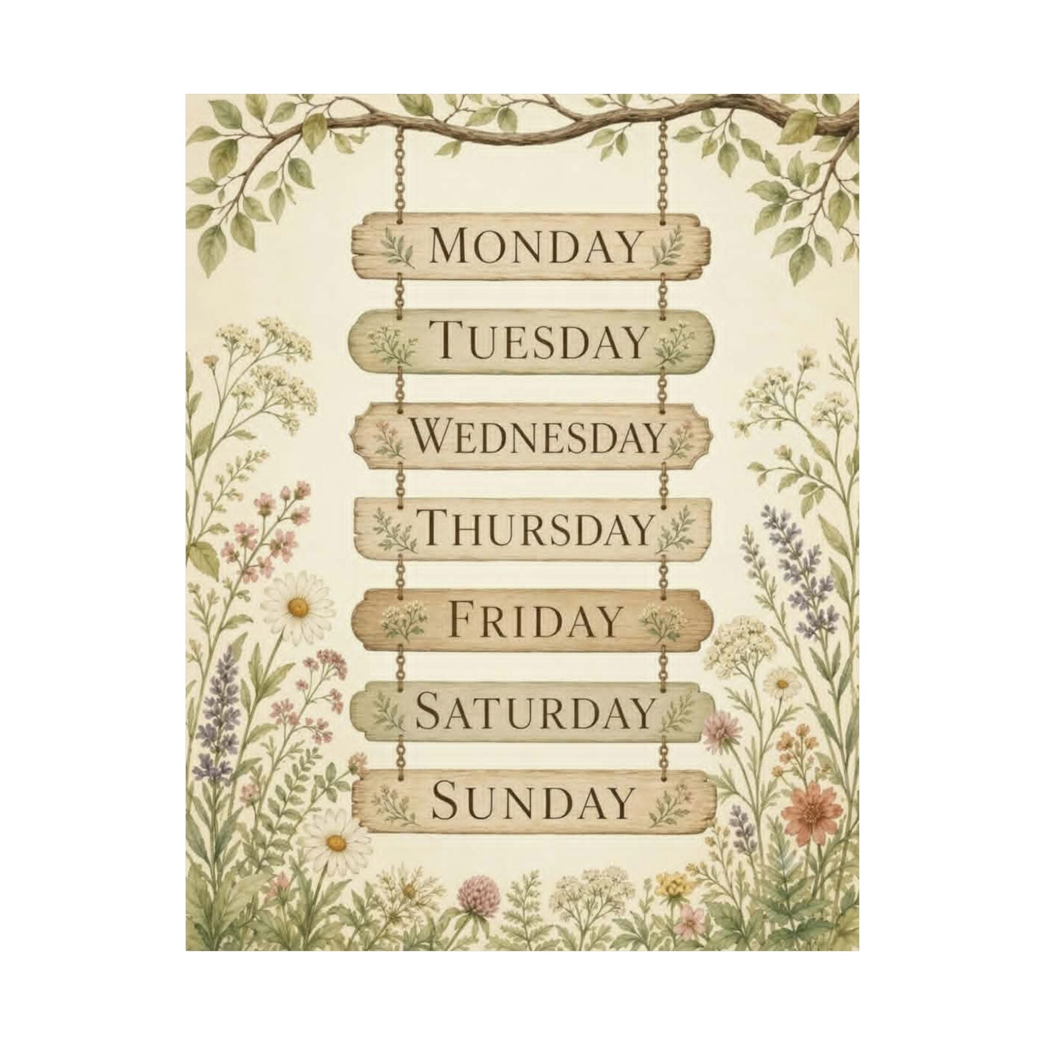 Vintage Floral Days of the Week Poster — Matte Vertical Wall Art
