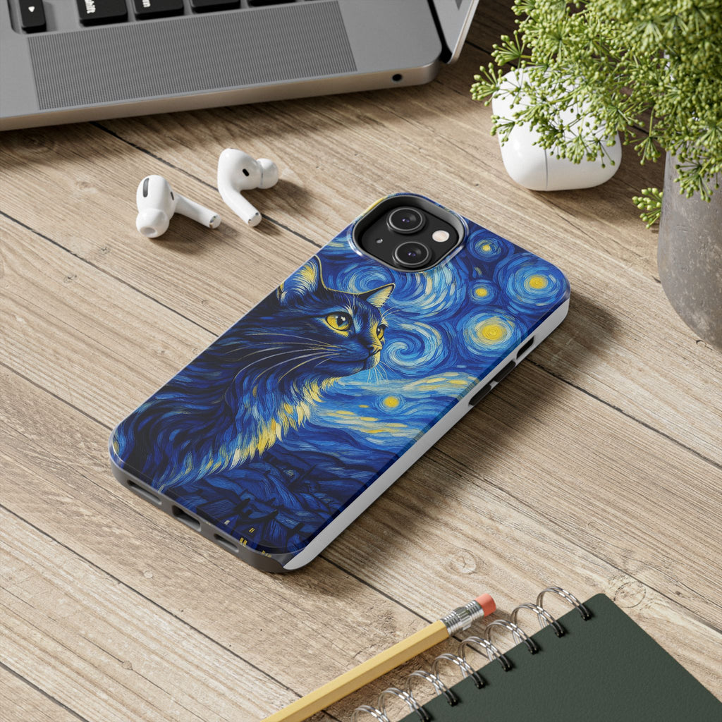 Starry Night Cat Tough Phone Case — Van Gogh Style Galaxy Kitten Protective Cover