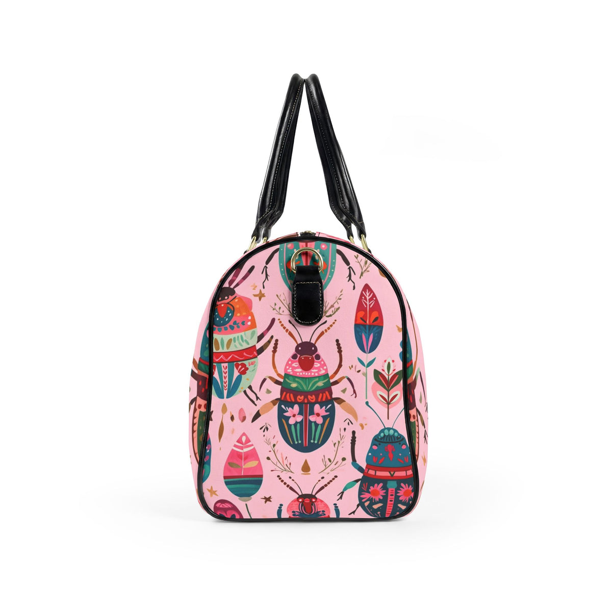 Faux Leather Travel Bag – Colorful Beetle & Botanical Print Weekender