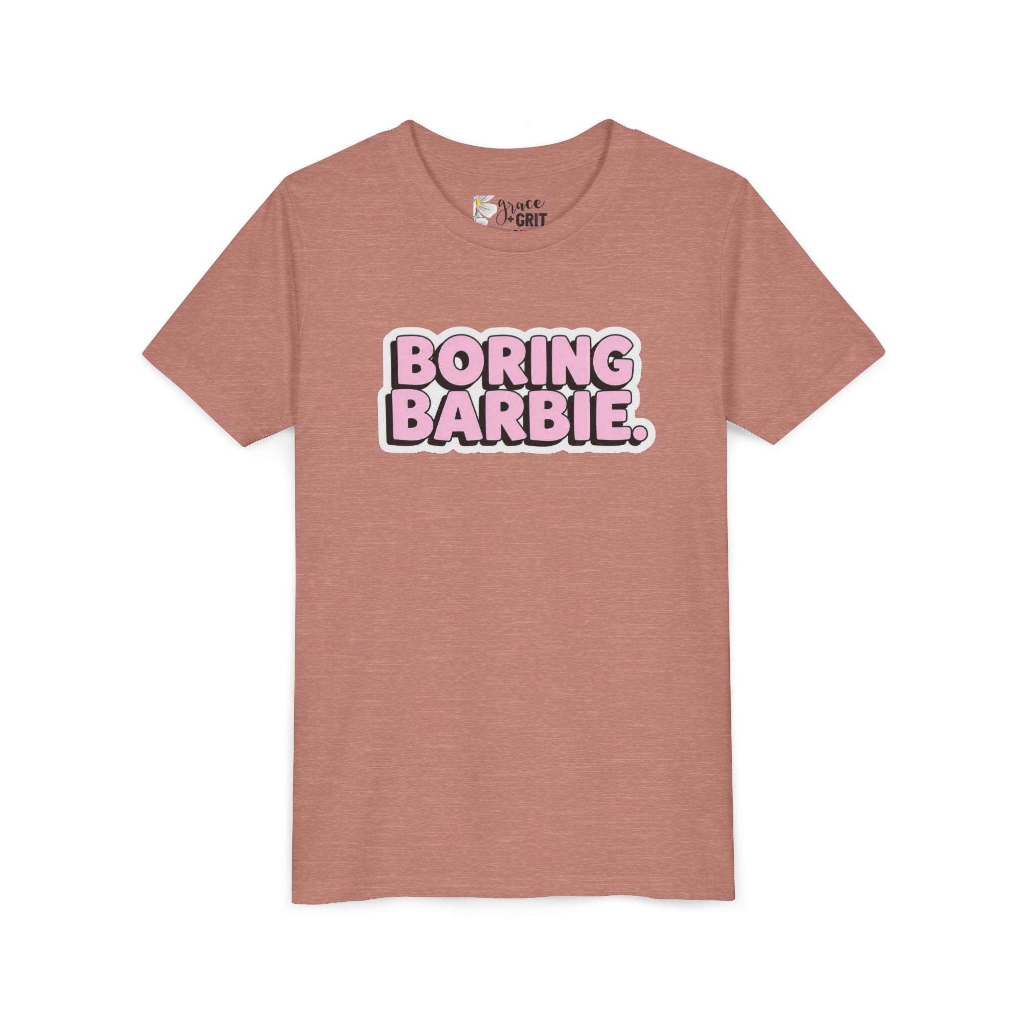 Youth Tee — "Boring Barbie" Pink Bubble Letter Graphic