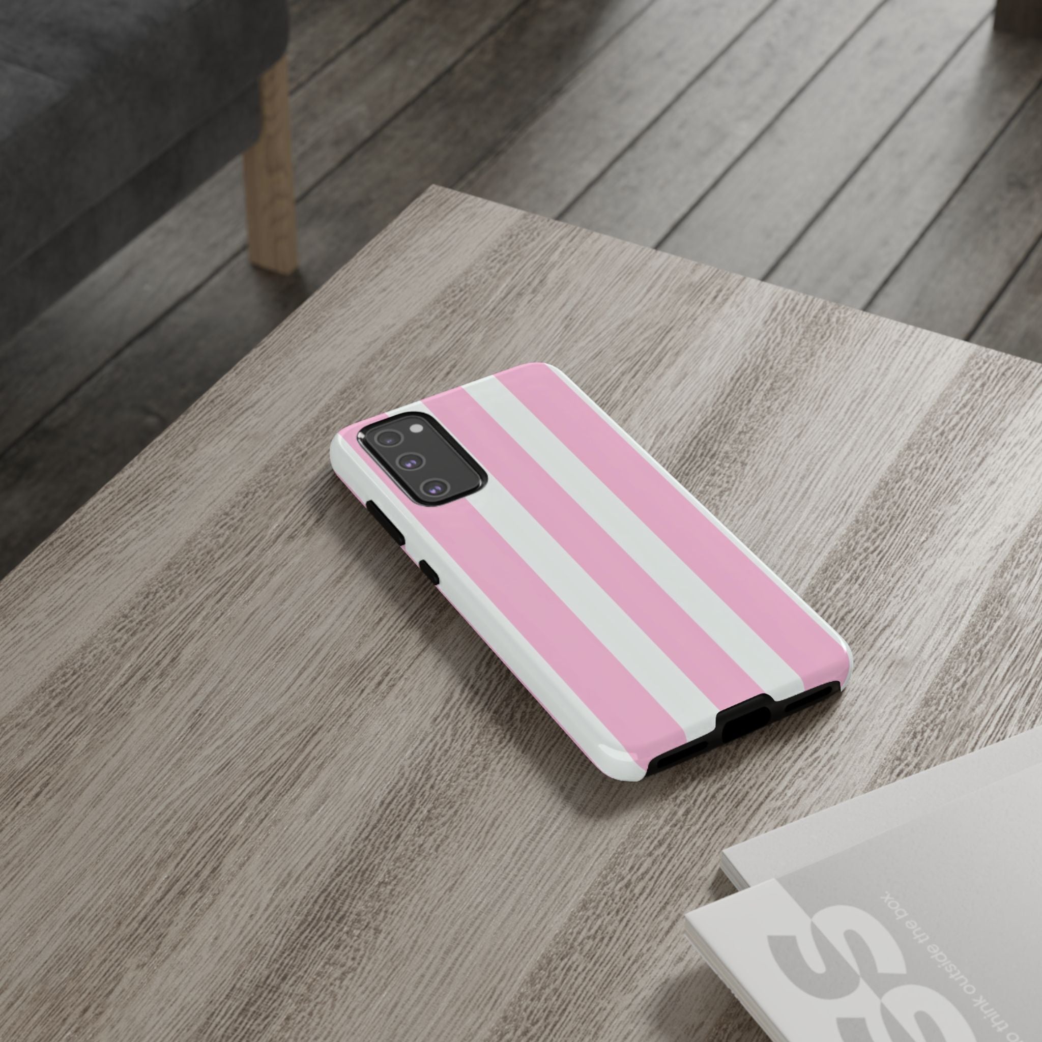 Pink & White Striped Tough Phone Case — Durable Protective Phone Cover